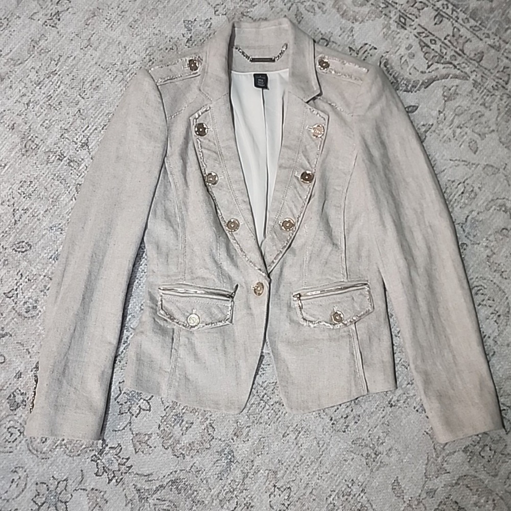WHBM Linen Blend Blazer 4‎ Beige Herringbone Classic Gold Buttons Preppy Office